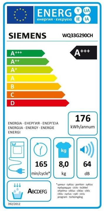 Energie-Label Siemens WQ33G290CH (8 kg, Rechts, CH-Stecker)