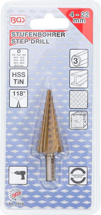 Produktbild BGS Stufenbohrer (22 mm, 4 mm, 6 mm, 8 mm, 10 mm, 12 mm, 14 mm, 16 mm, 18 mm, 20 mm)