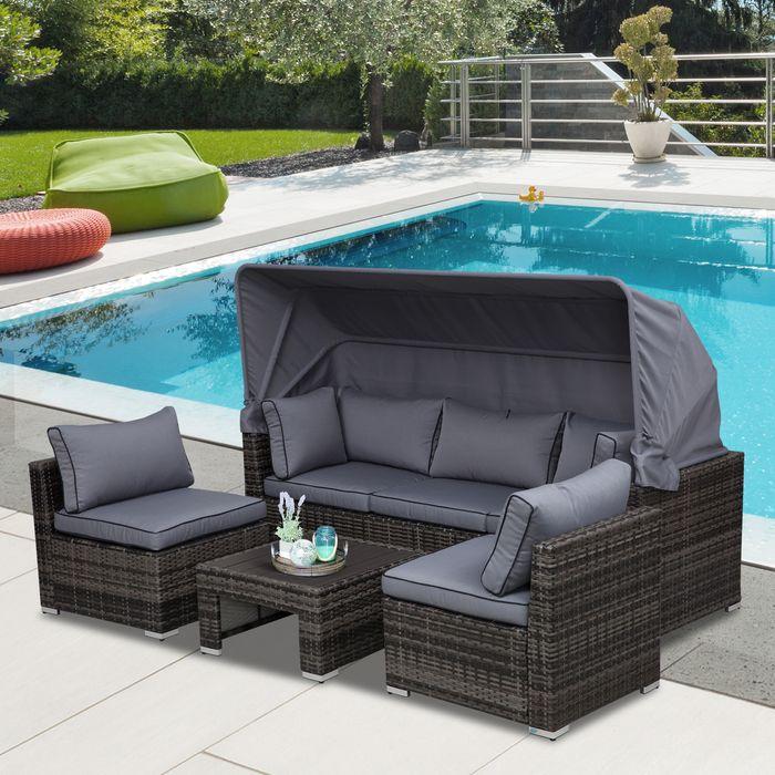 Produktbild Swisshandel24 Garten Lounge Set Rattan Lounge Set Sitzgruppe mit Sonnendach inkl. Kissen und Beistelltisch Metall