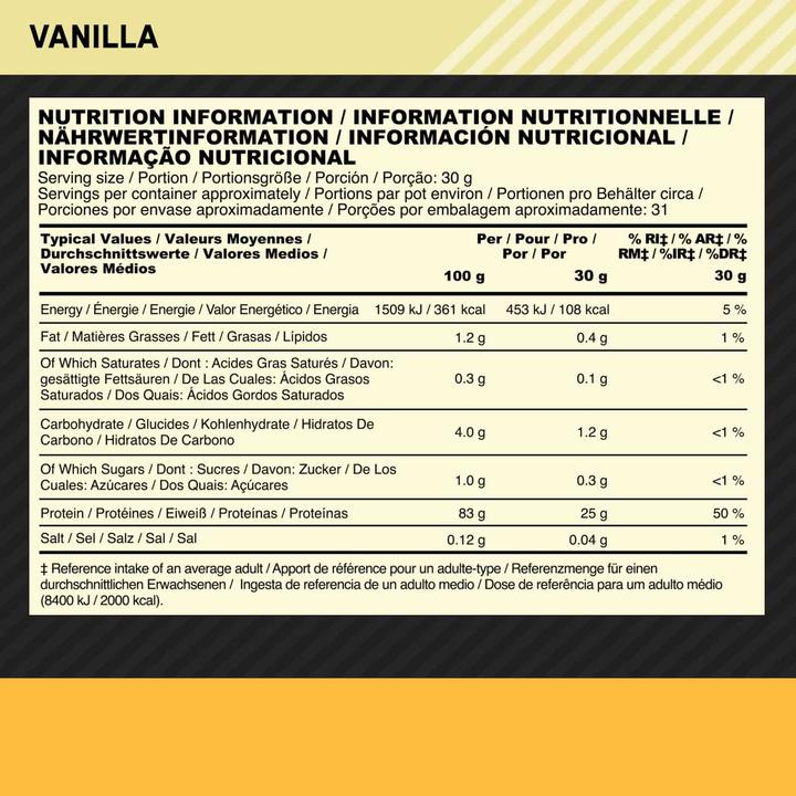 Nährwerte und Zutaten Optimum Nutrition Gold Standard Isolate (Vanille, 1 Stk., 930 g)