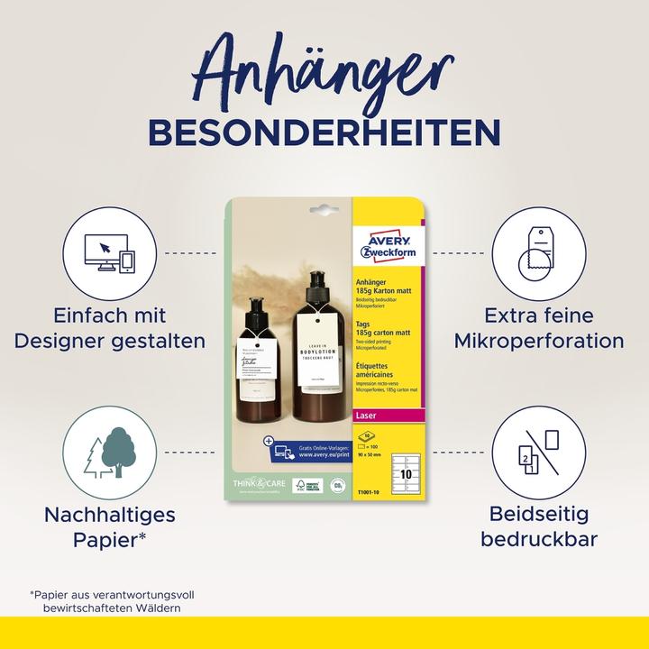 Produktbild Avery Zweckform Anhänger, Karton, 185 g/qm, 50 x 50 mm, weiss extra feine Mikroperforation, beidseitig bed