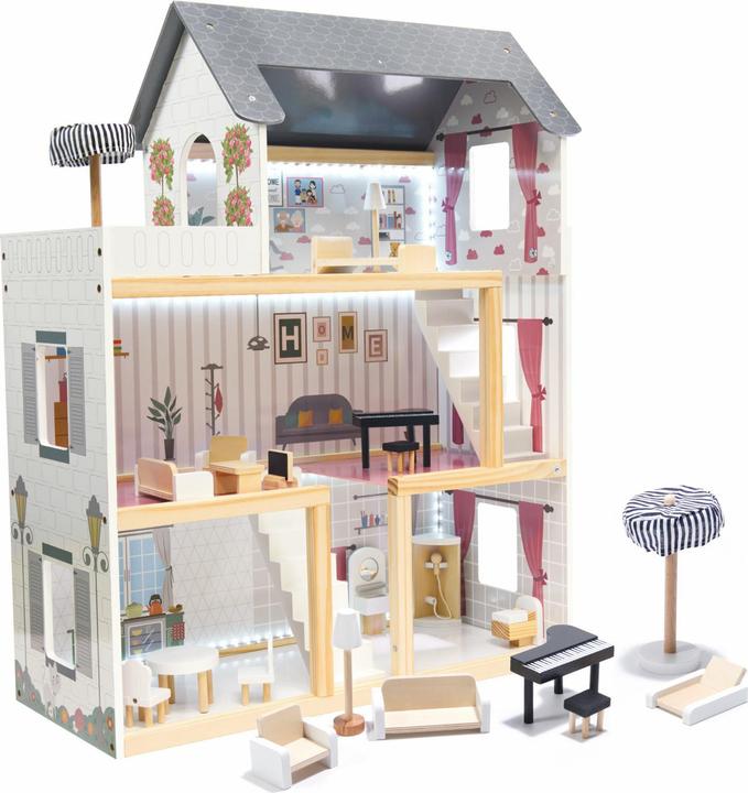 Ikonka Wooden doll's house + furniture LED
