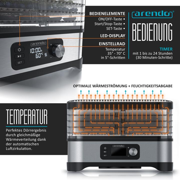 Actual product image Arendo Dörrautomat mit Temperaturregler, 5 Etagen, 35-70°C, Edelstahl, Dörrgerät 400 W, Timer 24h, BPA-frei