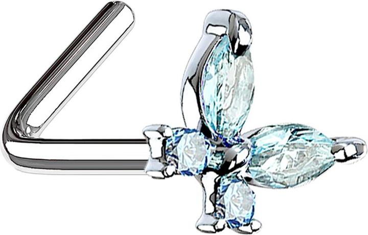 Star Piercing Nasenstecker gewinkelt silber Schmetterling mit Kristallen aqua (Chirurgenstahl 316L, Messing)