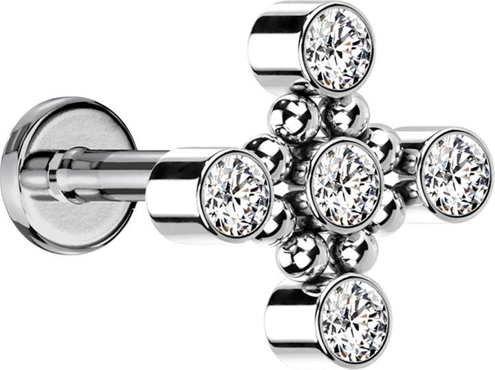 Star Piercing Micro Labret Innengewinde silber Quadratisch acht Kugeln fünf Kristalle silber (ohne Messing, Titan G23)
