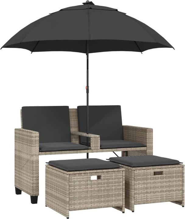 Produktbild VidaXL Gartensofa 2-Sitzer Sonnenschirm Hocker Gartenbank Hellgrau Poly Rattan