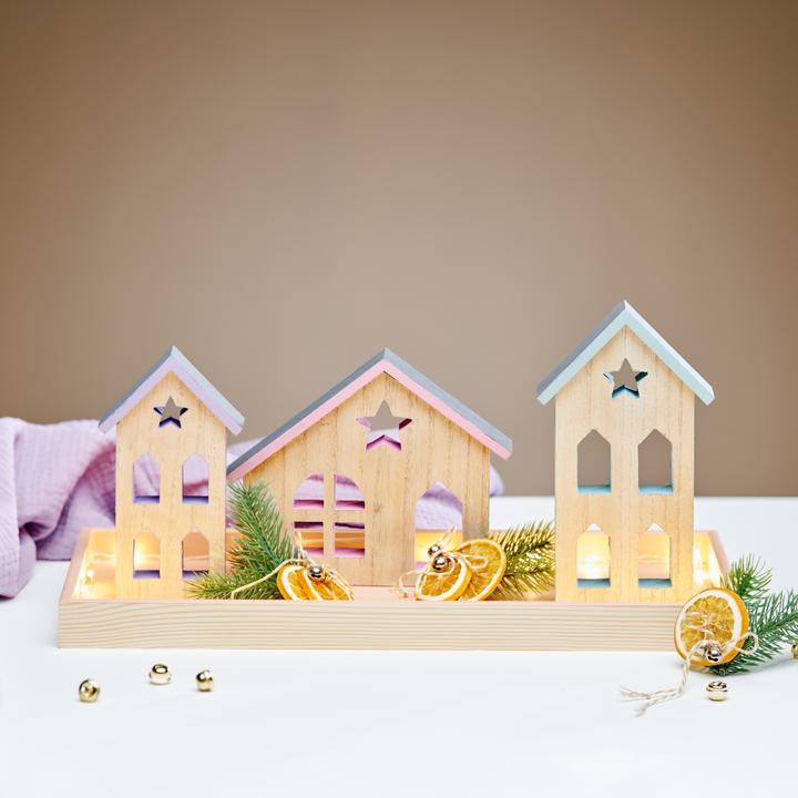 Image du produit VBS Silhouettes de maisons avec fenêtre "Noël", lot de 3, bois MDF