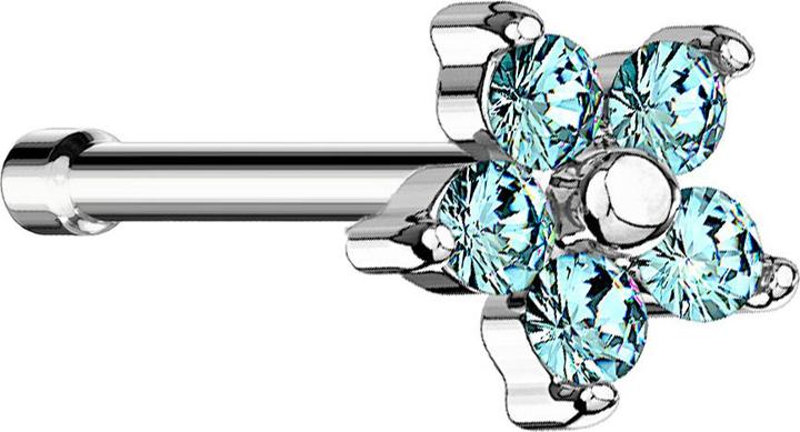 Star Piercing Nasenstecker gerade silber Blume Kristall aqua (Chirurgenstahl 316L, Messing)