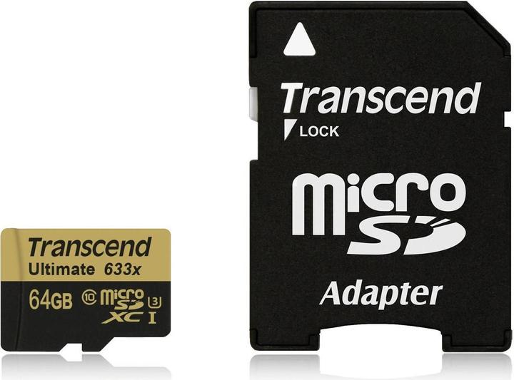 Transcend microSDXC Ultimate 633x UHS-I U3 with adapter (64 GB, microSDXC, U3, UHS-I)