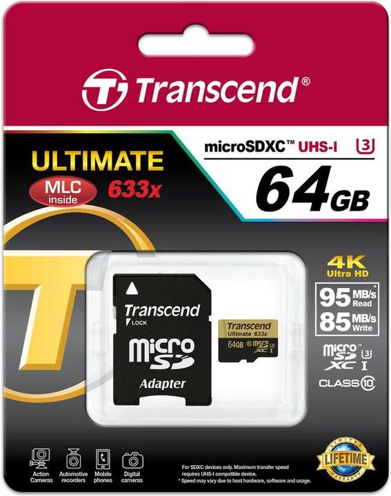 Image du produit Transcend microSDXC Ultimate 633x UHS-I U3 avec adaptateur (64 Go, microSDXC, U3, UHS-I)