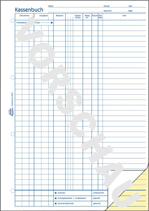 Nährwerte und Zutaten Avery Kassenbuch (40 x)