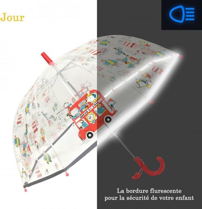 Image du produit Smati Parapluie pour enfants, transparent, cloche, bord fluorescent, animaux de bus, one size
