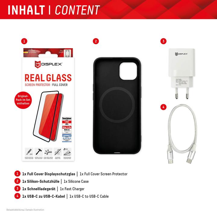 Produktbild Displex 4 in 1 Premium Set (Full Cover Panzerglas, Schutzhülle, Ladegerät, Ladekabel) (1 Stück, Apple iPhone 15 Plus)