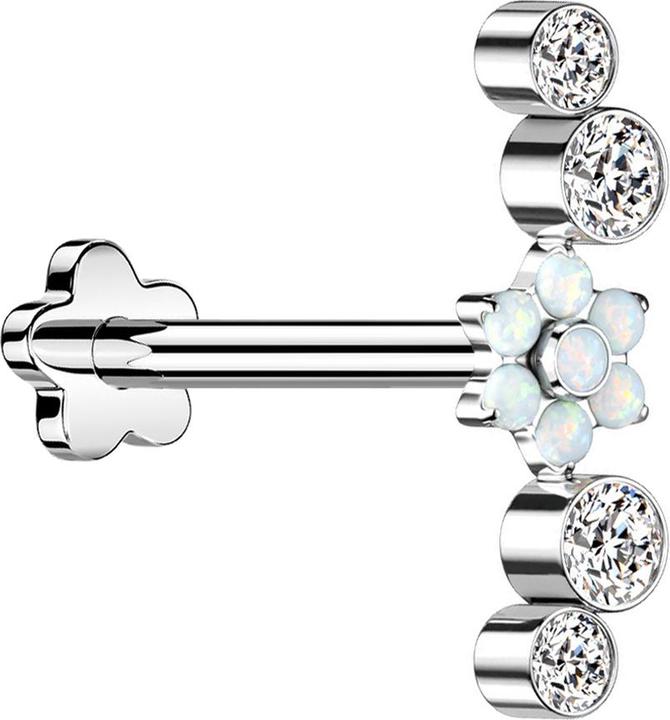 Produktbild Star Piercing Micro Threadless Labret Blume silber Blume Opale weiss vier Kristalle (ohne Messing, Titan G23)