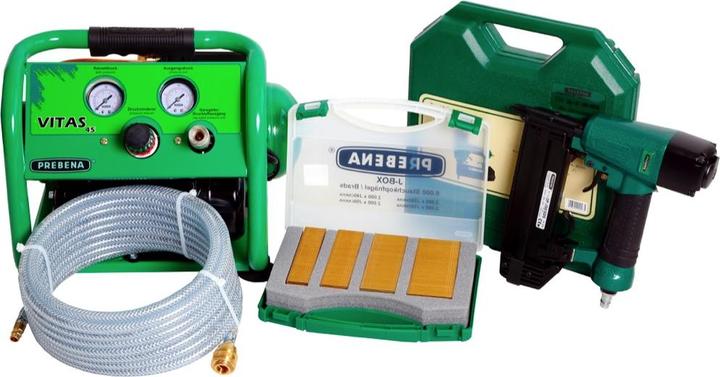 Produktbild Prebena Komplettpaket 2P-J50SDS Druckluftnagler + Druckluftschlauch 10m + Kompressor VITAS 45 +