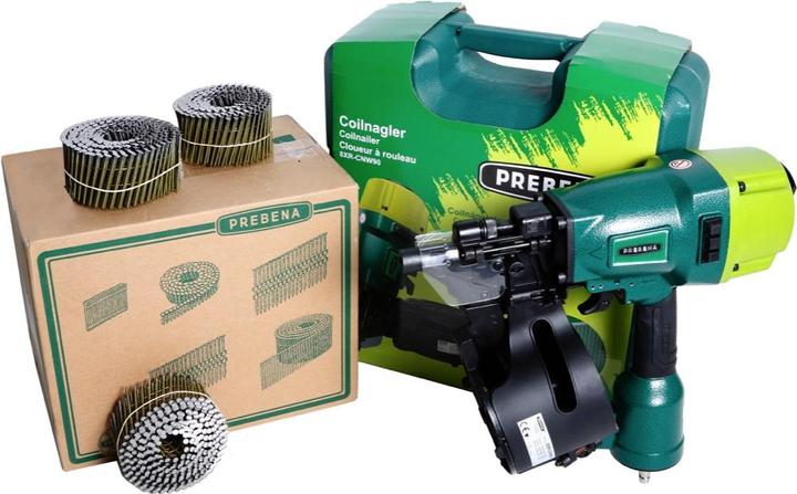 Actual product image Prebena 8XR-CNW90 Chiodatrice pneumatica in valigetta da trasporto + Chiodi lucidi con fusto ad
