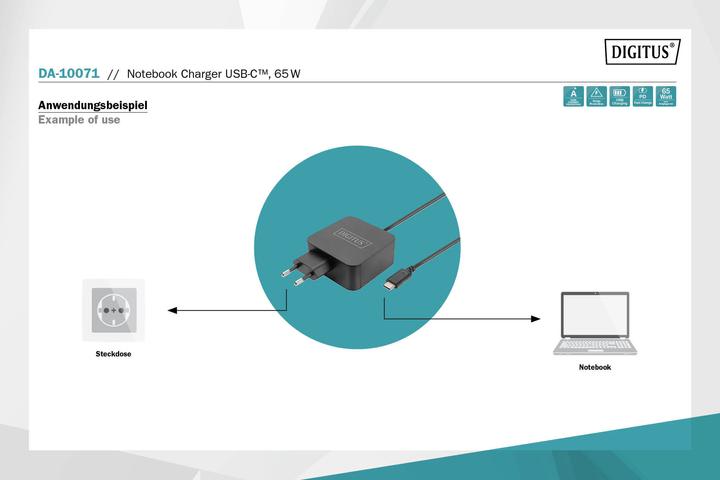 Produktbild Digitus Notebook-Ladegerät USB-C Netzteil 65W PD3.0 DA-10071 1,2 m, Schwarz (65 W)