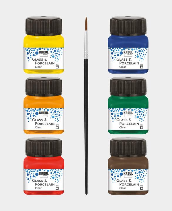 Image du produit Kreul Verre et porcelaine Clear-Set (Brun espresso, Orange, Jaune soleil, Rouge cerise, Vert foncé, Bleu foncé, 120 ml)