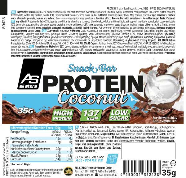 Valori nutrizionali e ingredienti All Stars Barretta proteica (35G) (Cocco, 1 pz., 50 g)
