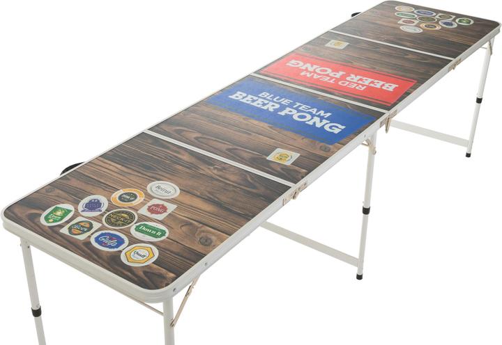 Mahoo Beer Pong Tisch mit Biermarken-Aufdruck (Italienisch, Deutsch, Französisch, Englisch)