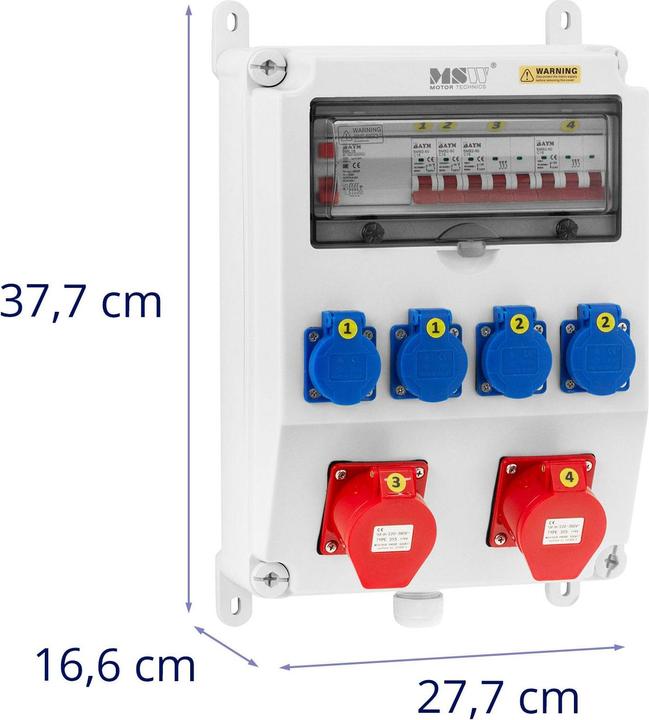 Produktbild MSW Stromverteiler 4 x Schuko 2 x CEE-Steckdosen FI-/ 4 Leitungsschutzschalter (CEE 32/3, CEE 7/3)