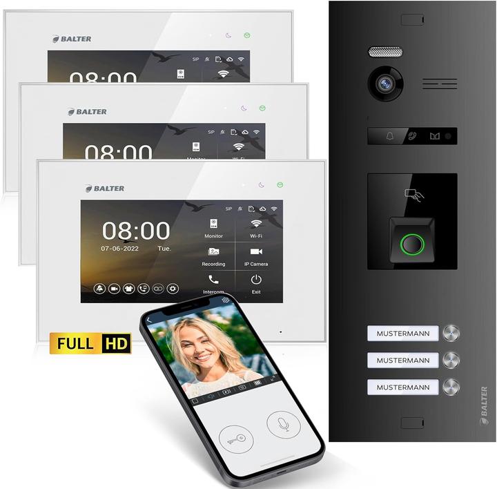 Produktbild Balter EVO-HD Video Türsprechanlage mit Fingerprint, für 3-Familienhaus, App (WLAN, App)