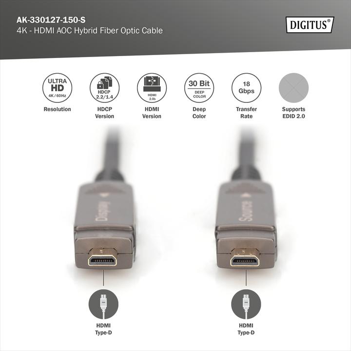 Image du produit Digitus 4K - Câble hybride HDMI® AOC en fibre optique avec connecteur détachable (15 m, HDMI)