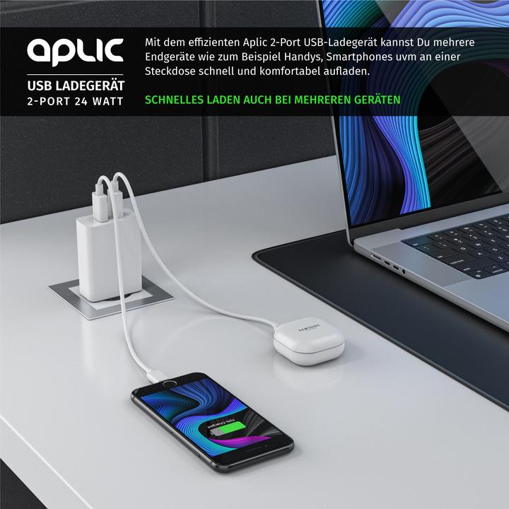 Produktbild Aplic USB Ladegerät 4800 mA, 2 Port Nezteil mit Smart Charge + Solid Charge, Leistungsstarke 24W, weiss (24 W)