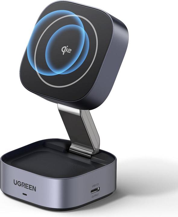 Produktbild Ugreen W702 3in1 inductive charger with MagSafe / Qi2 and USB-C port for phone / headphones - black (15 W)