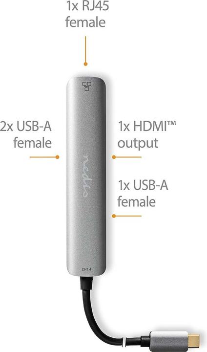 Image du produit Nedis Adaptateur USB multi-ports USB 3.2 Gen 1, USB-C™ mâle, HDMI™ femelle, RJ45 femelle, 3x USB-A femelle (USB-C, 5 Ports)