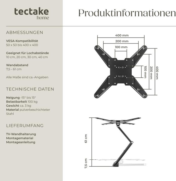 Image du produit tectake Support TV mural (Mur, 55", 100 kg)