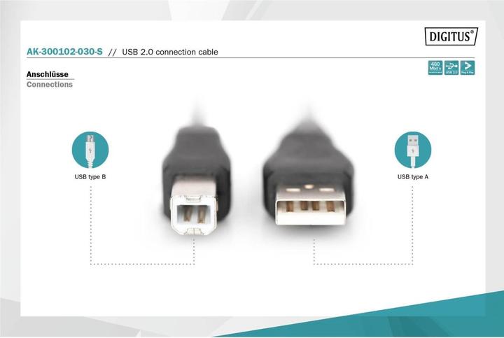 Produktbild Digitus USB Anschlusskabel, 3m (3 m, USB 2.0, 2.50 W)