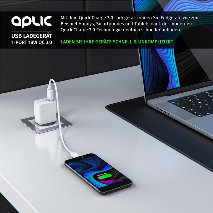 Produktbild Aplic USB Ladegerät 18W Quick Charge 3.0, Schnellladefunktion, für Smartphones, Tablets, weiss (18 W)