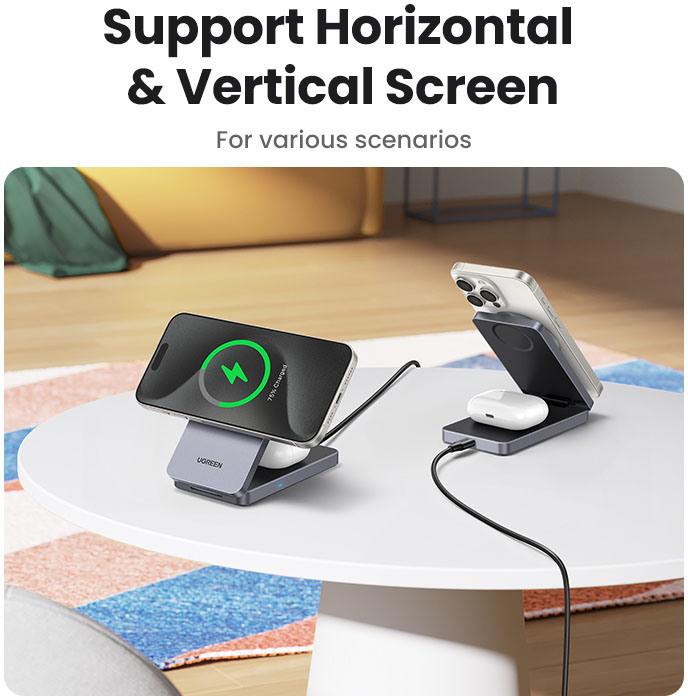 Image du produit Ugreen Chargeur sans fil Qi2 15w 2-en-1 Magsafe Fast Charging Station Grey (15 W)