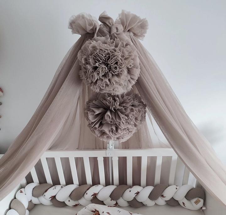 Actual product image Baby-Nest Canopy tulle taupe with 2 pompoms