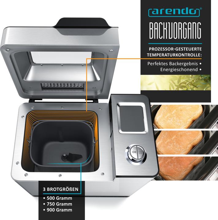 Productafbeelding Arendo Broodbakmachine, 25 programma's, 550 W, broodbakmachine, automatisch ingrediëntencompartiment
