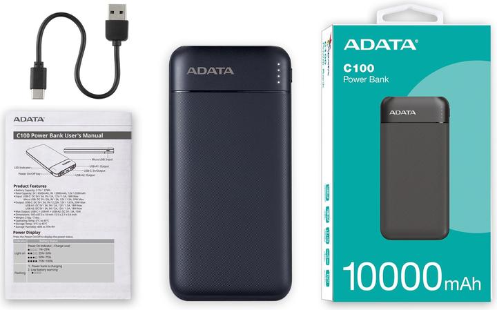 Image du produit Adata POWER BANK USB 10000MAH BLACK/PC100-14BK (10000 mAh, 20 W, 37 Wh)