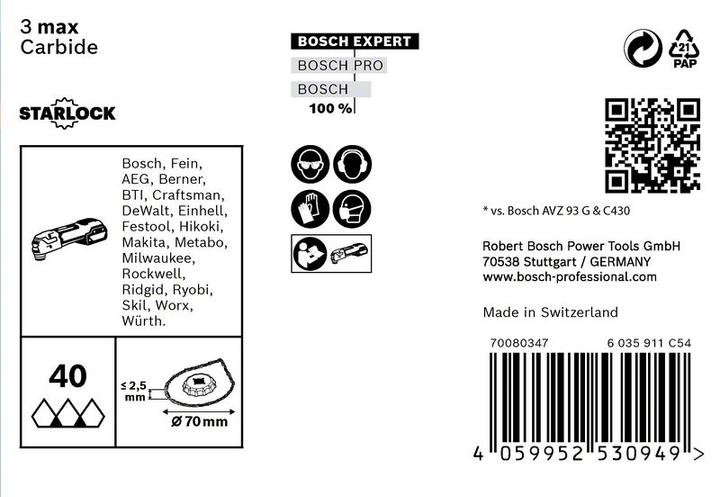 Produktbild Bosch Professional Zubehör EXPERT 3 max AVZ 70 RT4 Platte zum Entfernen von Fugen für Multifunktionswerkzeuge, 70 mm, 10 Stück (P40)