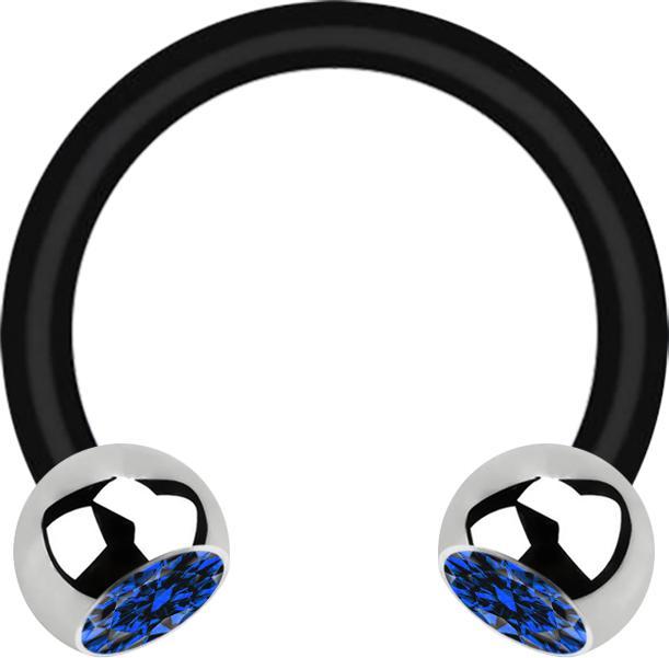 Produktbild Star Piercing Micro Circular Barbell schwarz mit zwei Kugeln silber Kristall dunkelblau (ohne Messing, Chirurgenstahl 316L, Bioflex)