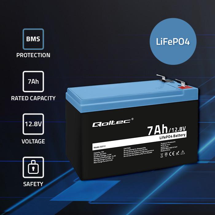 Produktbild Qoltec LiFePO4 Lithium-Eisenphosphat-Batterie | 12 8 V | 7Ah | 89 6 Wh | BMS (12.80 V, 7 Ah)