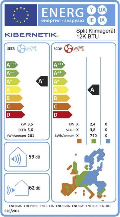 Energie-Label Kibernetik FSP Klimagerät (60 m², 12000 BTU/h)