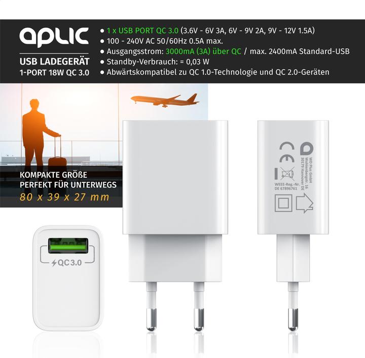 Produktbild Aplic USB Ladegerät 18W Quick Charge 3.0, Schnellladefunktion, für Smartphones, Tablets, weiss (18 W)
