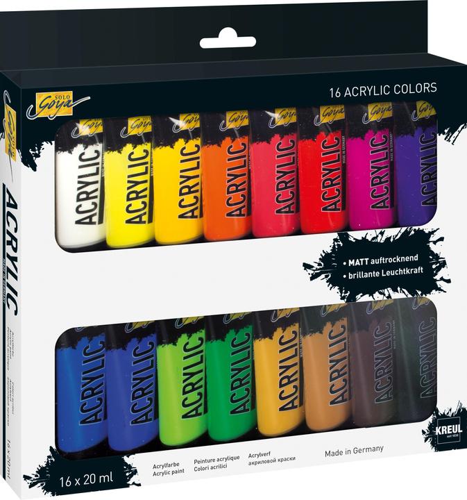 Produktbild Kreul Solo Goya (Gelbgrün, Primärblau, Ultramarinblau, Zitron, Echtorange, Permanentgrün, Goldocker, Dunkelbraun, zinnoberrot, Magenta, Kadmiumgelb, Schwarz, Lichter Ocker, Weiss, Violett, 320 ml)