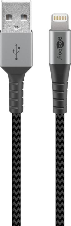 Produktbild Goobay Lightning auf USB-A Textilkabel mit Metallsteckern (space grau/silber) 1 m, 1 m, Schwarz-Grau (1 m, USB 2.0)