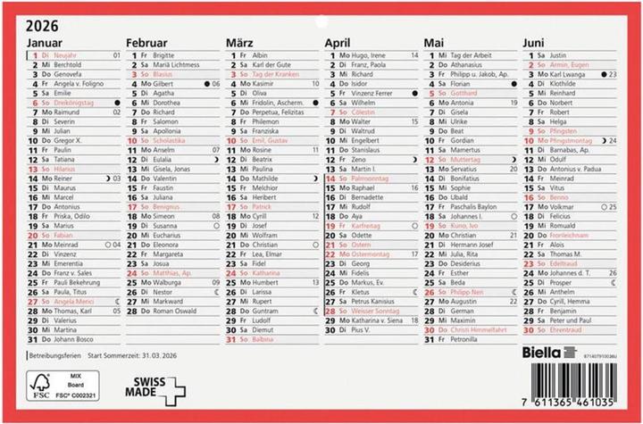 Image du produit Biella Calendrier tableau (A5, Non contraignant, Allemand)