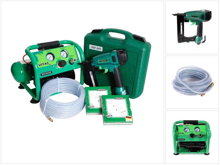 Produktbild Prebena Komplettpaket 3GP-E40 Druckluftnagler + Kompressor VITAS 45 + 10m Schlauch + 9200x passende