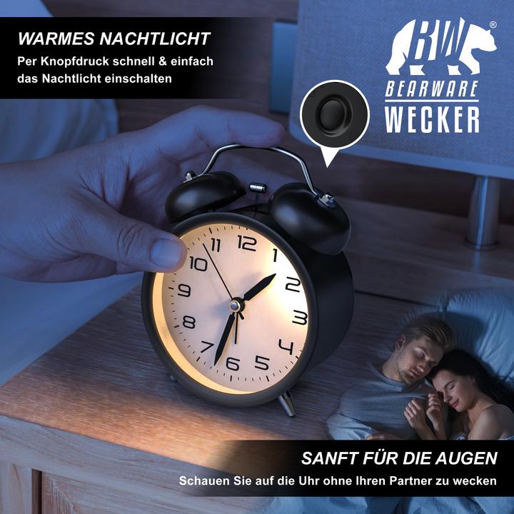 Image du produit Bearware Wecker analog, rund, mit Licht, Retro, lauter Glockenalarm, Beleuchtet, Vintage, ohne Ticken