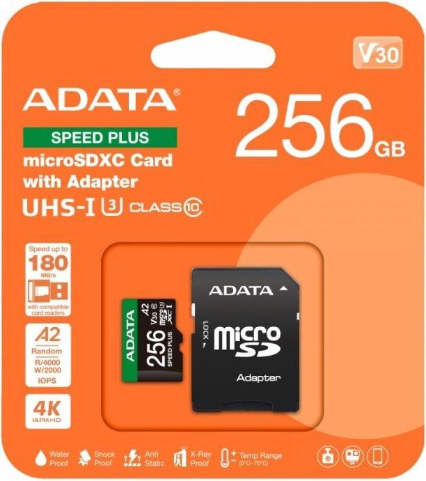 Actual product image Adata microSD 256GB Speed Plus UHS-I U3 + adapter (256 GB, microSDXC, U3, UHS-I)