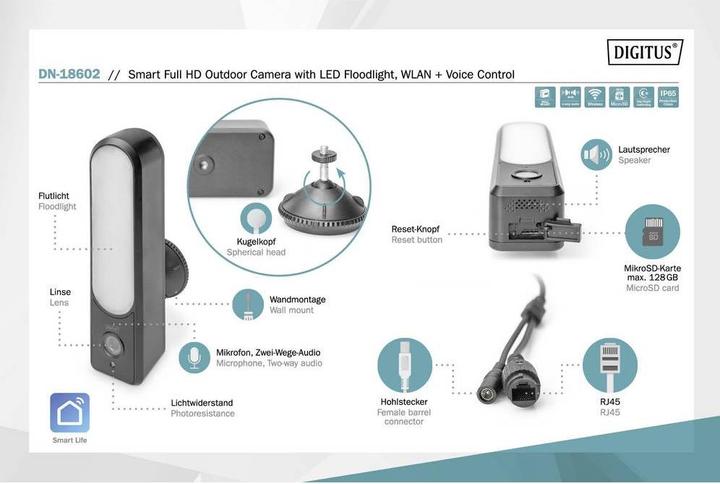 Immagine prodotto Digitus Telecamera smart da esterno Full HD con proiettore a LED, WLAN + comando vocale (1920 x 1080 Pixels)