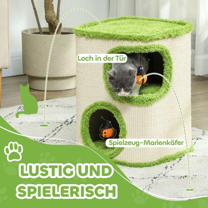 Produktbild Swisshandel24 Kratztonne, 52 cm hoch Katzentonne mit 2 Höhle, Kratzbaum für Katze bis 5 kg (52 cm, Grün+Cremeweiss)